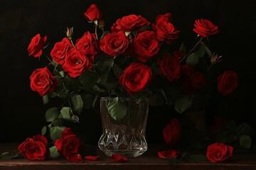 Poster - A bouquet of roses in a crystal vase, the petals soft and velvety to the eye