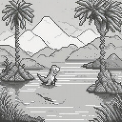 ancient t-rex swimming in black and white pixel art.