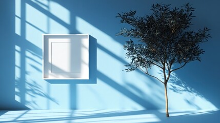 Poster - Minimalist interior with a tree and wall-mounted frame.