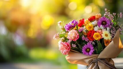 Aufkleber - Colorful flower bouquet wrapped in kraft paper with bright blooms for celebrations and special occasions. Generative AI