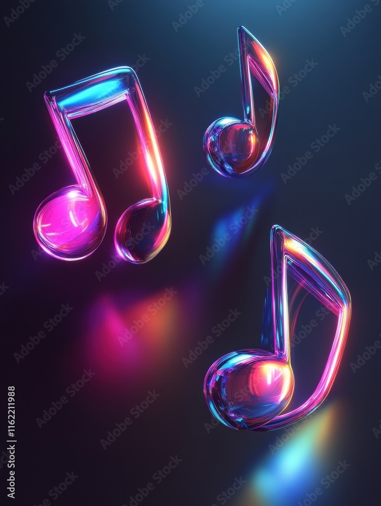 Colorful 3D music notes glowing in vibrant light against a dark ...