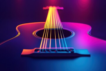 Poster - Vibrant 3D guitar with colorful lights illuminating on a dark surface at a modern music setting. Generative AI