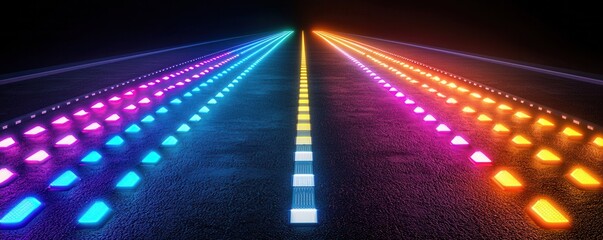 Fototapete - A vibrant, illuminated pathway stretches into the distance, featuring colorful lights that create a dynamic, futuristic atmosphere.