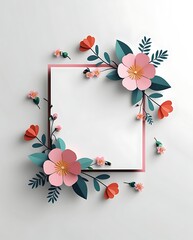 Wall Mural - Paper Flowers Frame Encircling Blank White Space