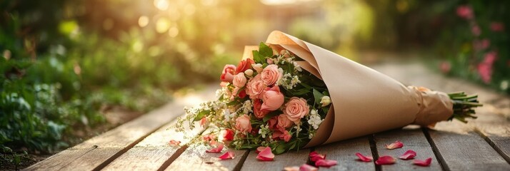 Aufkleber - Beautiful bouquet of flowers wrapped in kraft paper resting on a wooden path with scattered petals in a serene outdoor setting. Generative AI