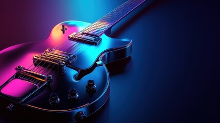 Poster - Vibrant 3D guitar with colorful lighting creating a dynamic visual effect at night. Generative AI