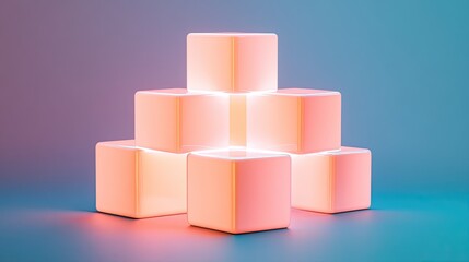 Poster - Concept of software building dynamic glowing blocks assembling on a neutral background