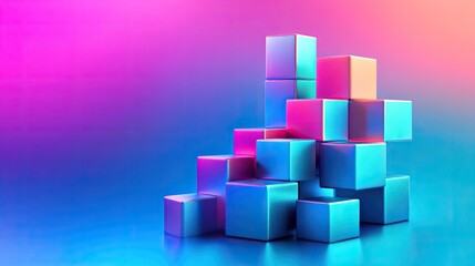 Poster - Concept of software building dynamic glowing blocks assembling on a neutral background
