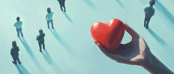 Wall Mural - A hand holding a red heart against a light blue background, viewed from above