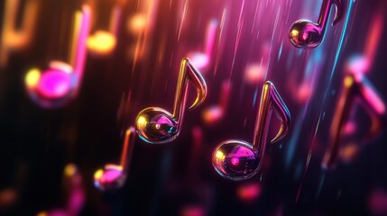 Aufkleber - Explore vibrant 3D music notes falling against a colorful abstract background during a musical evening. Generative AI