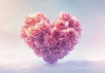 Wall Mural - A heart made of pink roses, isolated on a white background