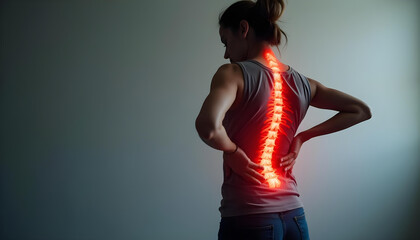 woman experiencing back pain with glowing spine illustration. image highlights importance of spinal health and wellness