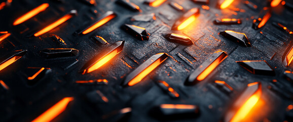 Poster - Industrial Metal Surface with Glowing Orange Illuminated Accents in Close-Up View