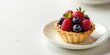 © Angel Pic - A delectable mini tart, adorned with plump raspberries and blueberries, sits elegantly on a pristine white saucer.