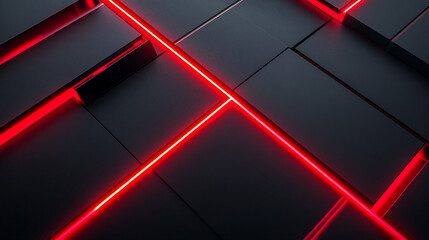 Poster - Futuristic Black Surface with Red Neon Glow Lines and Geometric Patterns. Gamer background