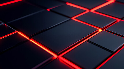 Poster - Futuristic Black Tiles with Red Neon Glowing Lines and Geometric Design. Gamer background