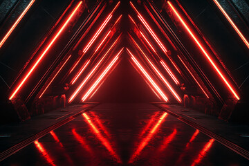 Poster - Futuristic Neon Red Triangular Pathway with Symmetrical Reflections in Dark Room. Gamer background