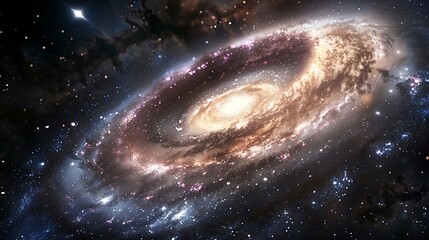 Wall Mural - High-resolution spiral galaxy, bright core, dark arms, cinematic style, deep space background, HDR imagery.