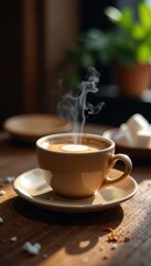 Wall Mural - Steaming coffee, palm sugar cubes, wooden surface, drink, light, coffee