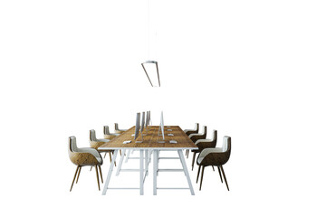 Poster - A wooden table with chairs and computers in a modern meeting room layout, isolated on a clean white background, concept of workspace. 3D Rendering.