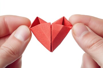 Wall Mural - Hands holding a red paper heart on a white background