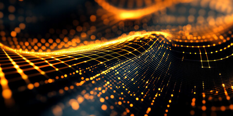 Poster - Abstract Glowing Wave of Orange Dots and Grid Lines in a Futuristic Digital Background