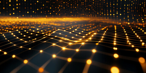Poster - Abstract Glowing Golden Grid with Depth Perspective in a Futuristic Digital Background
