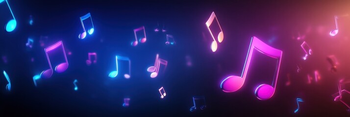 Poster - Colorful 3D music notes floating in vibrant light display create a dynamic atmosphere in digital art. Generative AI
