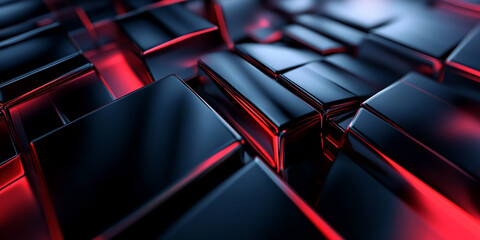 Poster - Abstract Red and Black 3D Geometric Pattern with Glossy Reflective Surfaces