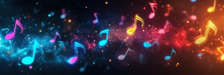 Aufkleber - Vibrant 3D music notes floating in a colorful cosmic background with glowing effects in a dynamic visual display. Generative AI