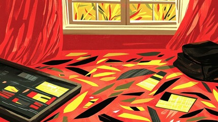 Poster - A vibrant room with a colorful floor and window view.