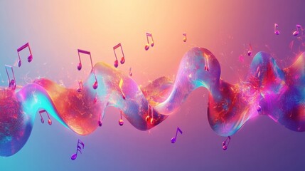 Aufkleber - Creative 3D rendering of vibrant music notes flowing along a colorful abstract wave in a reflective digital space. Generative AI