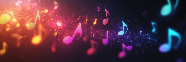 Aufkleber - Colorful 3D music notes cascading through a vibrant neon background with a dynamic visual effect. Generative AI