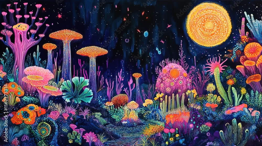 Alien jungle with bioluminescent flora and fauna, vibrant colors ...