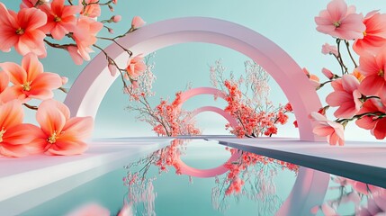 Wall Mural - Pink arches frame blossoming peach trees reflecting in tranquil water