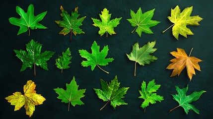 Canvas Print - Collection of various green and yellow maple leaves arranged on dark background.