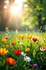 Wall Mural - Sunlit meadow, vibrant spring flowers blooming, springtime, flora