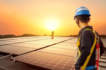 Wall Mural - engineers are installing large solar panels. renewable energy clean and good environmentally