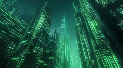 Poster - Futuristic Cityscape with Green Skyscrapers