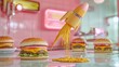 © Iurii - Futuristic mustard dispenser launches golden streams in sci-fi diner setting