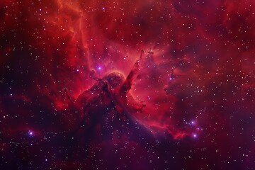 Wall Mural - Vibrant red and purple nebula cloud, stars, space backdrop, dark fantasy banner design.