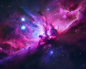 Wall Mural - Vivid pink and purple nebula, stars in deep space, sharp focus, realistic style.