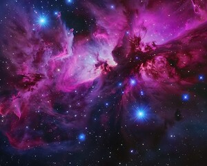 Wall Mural - Vivid pink and purple nebula, stars in space, realistic photography, high resolution, sharp focus.