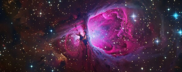 Wall Mural - Vivid pink and purple nebula, stars twinkling in space, high resolution, realistic style, sharp focus.