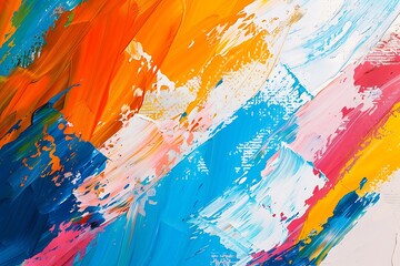 Wall Mural - Abstract background with brush strokes in vibrant blue, orange, red, yellow, pink, and white, oil painting texture, space for text on the right.