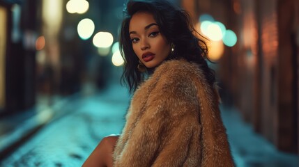 elegant woman in fur coat poses in a dimly lit alley. nighttime allure with soft lights and shadows 