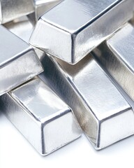 Poster - Pile of Gleaming Silver Bars Reflecting Light in a Stunning Array of Shapes and Textures
