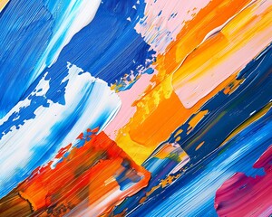 Wall Mural - Abstract brush strokes in blue, orange, red, yellow, pink, and white, oil painting texture, space for text on right.