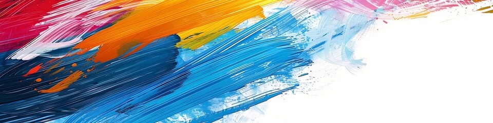 Wall Mural - Artistic abstract background, vibrant brush strokes in blue, orange, red, yellow, pink, white, space for text on right.