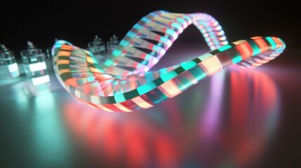 Poster - A vibrant, illuminated ribbon-like structure in neon colors, casting colorful reflections on a sleek surface.
